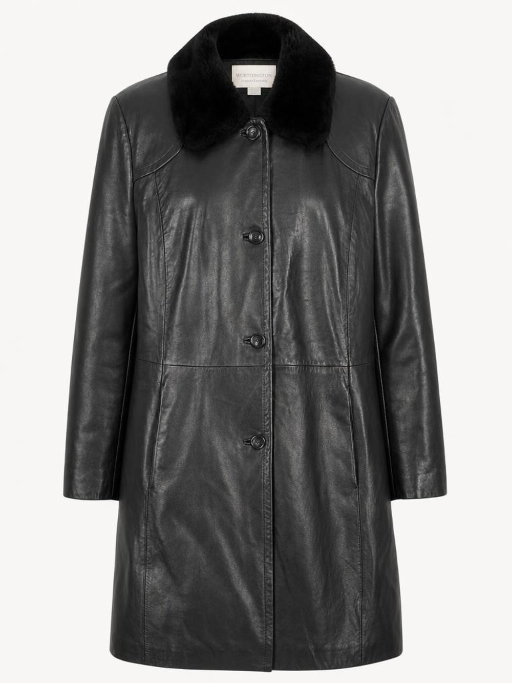 Worthington Genuine Lambskin Black Leather Faux Fur Collar Long Coat Size M